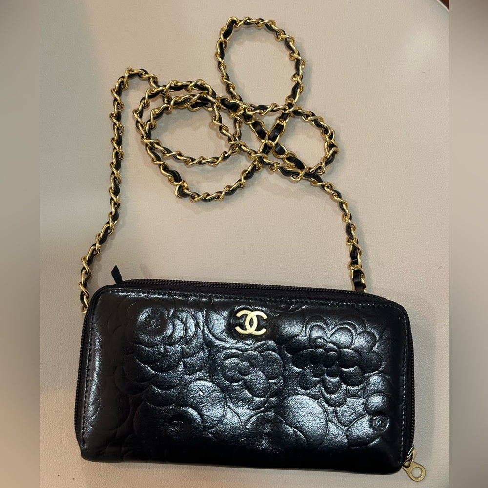 Authentic Chanel Camelia Flower Embossed Black Long Wallet